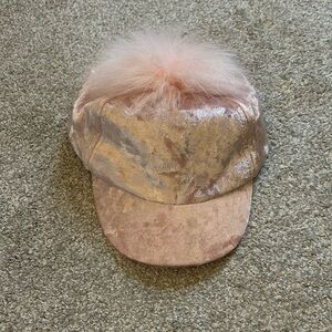 Toby Baby Girls Pink Textured Velvet Baseball Cap with Pom Pom Like New